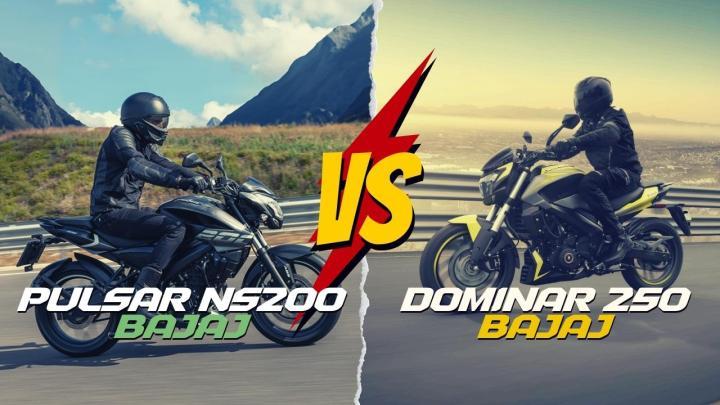 Bajaj Pulsar NS 200 vs Bajaj Dominar D 250 Comparison: POWER 24.4hp vs 27hp, TORQUE 18.3nm vs 23.5nm, ENGINE DISPLACEMENT 200cc vs 250cc, WEIGHT 158kg vs 180kg - SBK MOTORCYCLE